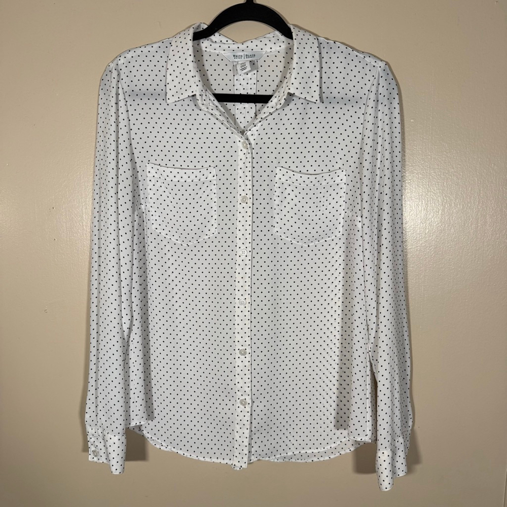 Women's White House Black Market Button Down Polka Dot Sheer Shirt 8 White Black